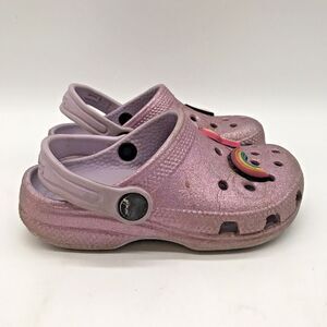 Crocs Iconic Comfort Pink Glitter Clogs Girl's C 10 Waterproof Sandals Jibbitz
